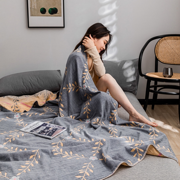 91家纺网 家纺一手货源 找家纺 朴尔 2023新款主推三层水洗棉纱布毛巾被 花之恋-蓝黄