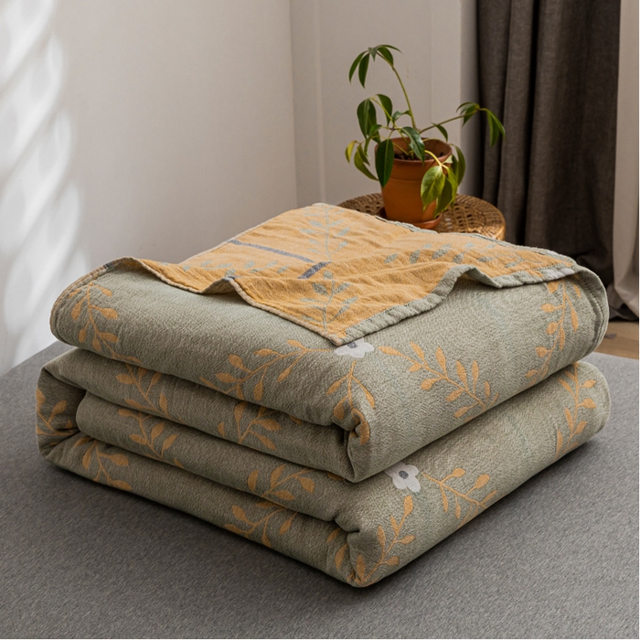 91家纺网 家纺一手货源 找家纺 朴尔 2023新款主推三层水洗棉纱布毛巾被 花之恋-绿黄