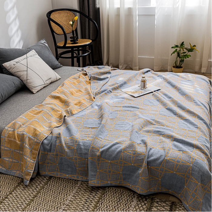 91家纺网 家纺一手货源 找家纺 朴尔 2023新款主推三层水洗棉纱布毛巾被 三体秘境-冰蓝黄