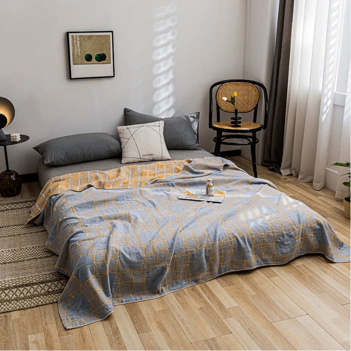 91家纺网 家纺一手货源 找家纺 朴尔 2023新款主推三层水洗棉纱布毛巾被 三体秘境-冰蓝黄