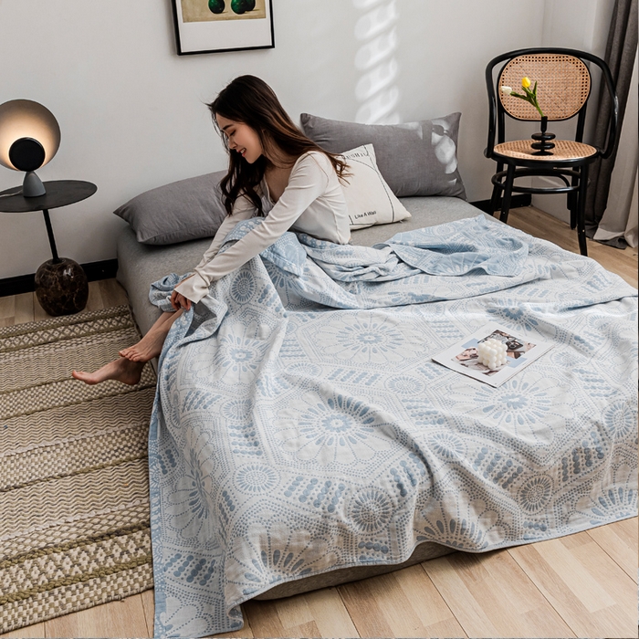 91家纺网 家纺一手货源 找家纺 朴尔 2023新款主推三层水洗棉纱布毛巾被 星辰大海-冰蓝