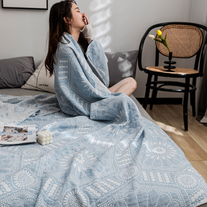 91家纺网 家纺一手货源 找家纺 朴尔 2023新款主推三层水洗棉纱布毛巾被 星辰大海-冰蓝