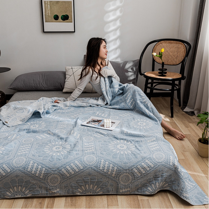 91家纺网 家纺一手货源 找家纺 朴尔 2023新款主推三层水洗棉纱布毛巾被 星辰大海-冰蓝