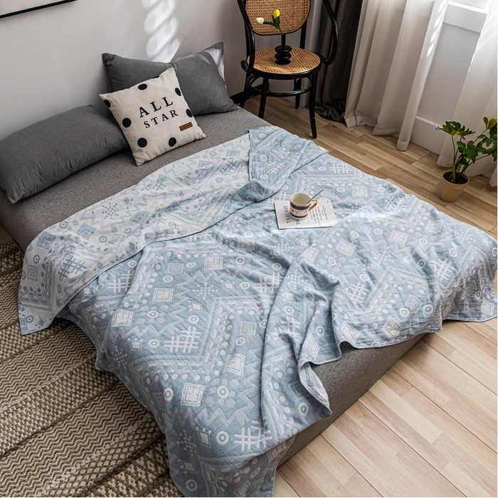 91家纺网 家纺一手货源 找家纺 朴尔 2023新款主推三层水洗棉纱布毛巾被 远古图腾-冰蓝