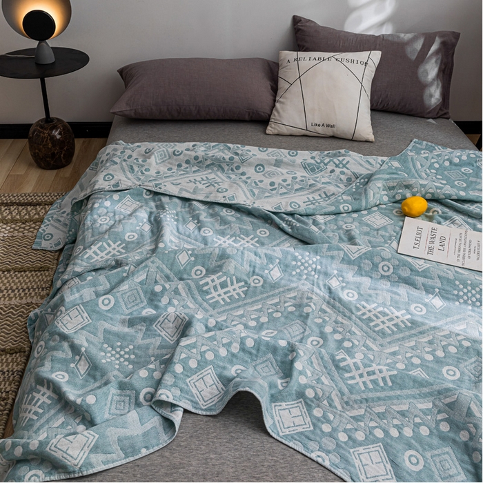 91家纺网 家纺一手货源 找家纺 朴尔 2023新款主推三层水洗棉纱布毛巾被 远古图腾-绿