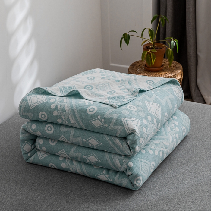 91家纺网 家纺一手货源 找家纺 朴尔 2023新款主推三层水洗棉纱布毛巾被 远古图腾-绿