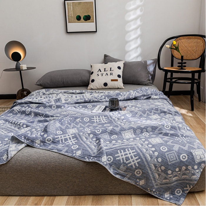 91家纺网 家纺一手货源 找家纺 朴尔 2023新款主推三层水洗棉纱布毛巾被 远古图腾-深蓝