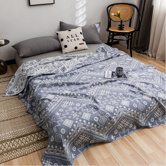 91家纺网 家纺一手货源 找家纺 朴尔 2023新款主推三层水洗棉纱布毛巾被 远古图腾-深蓝