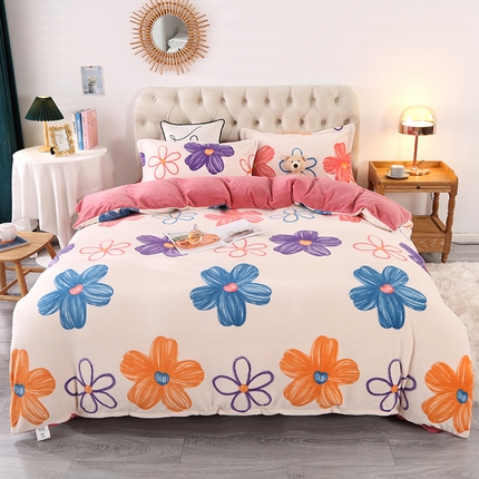 爱上家居 2023新款温暖亲肤加厚牛奶绒四件套 花开朵朵-粉