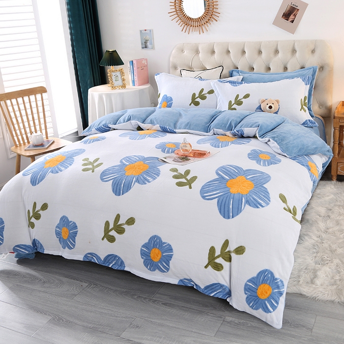 91家纺网 家纺一手货源 找家纺 爱上家居 2023新款温暖亲肤加厚牛奶绒四件套 花恋-蓝