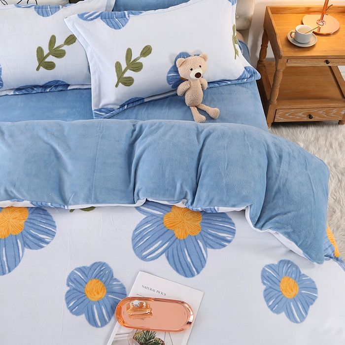 91家纺网 家纺一手货源 找家纺 爱上家居 2023新款温暖亲肤加厚牛奶绒四件套 花恋-蓝