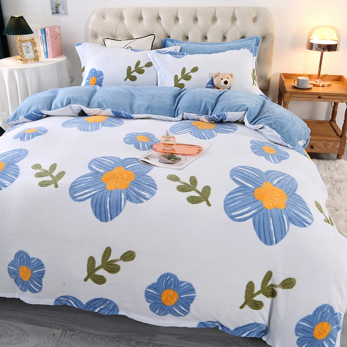 91家纺网 家纺一手货源 找家纺 爱上家居 2023新款温暖亲肤加厚牛奶绒四件套 花恋-蓝