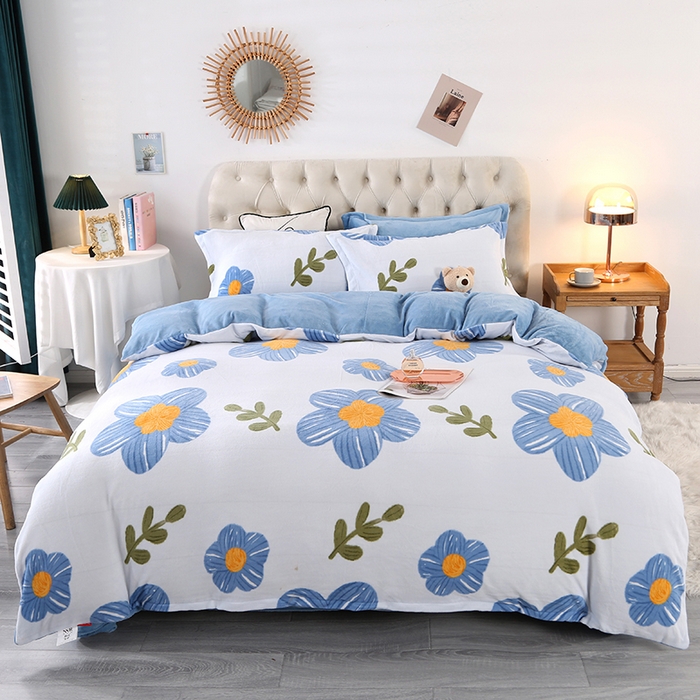 91家纺网 家纺一手货源 找家纺 爱上家居 2023新款温暖亲肤加厚牛奶绒四件套 花恋-蓝