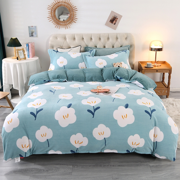 91家纺网 家纺一手货源 找家纺 爱上家居 2023新款温暖亲肤加厚牛奶绒四件套 花语-浅蓝