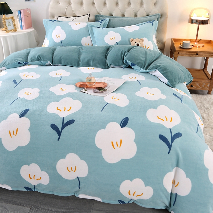 91家纺网 家纺一手货源 找家纺 爱上家居 2023新款温暖亲肤加厚牛奶绒四件套 花语-浅蓝