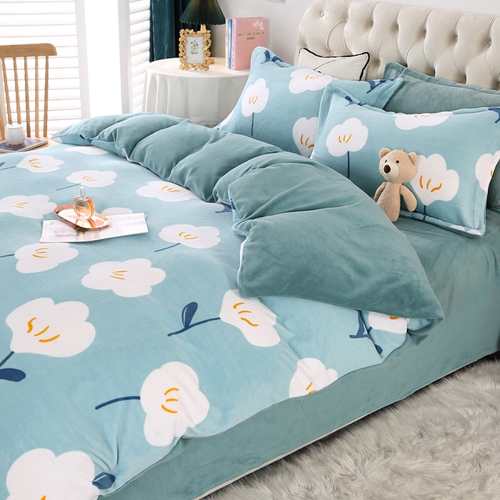 91家纺网 家纺一手货源 找家纺 爱上家居 2023新款温暖亲肤加厚牛奶绒四件套 花语-浅蓝