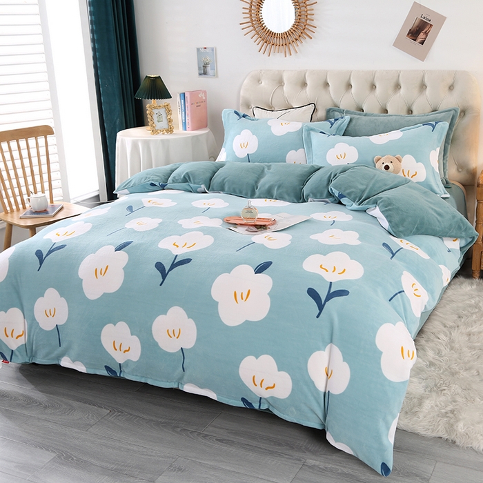 91家纺网 家纺一手货源 找家纺 爱上家居 2023新款温暖亲肤加厚牛奶绒四件套 花语-浅蓝