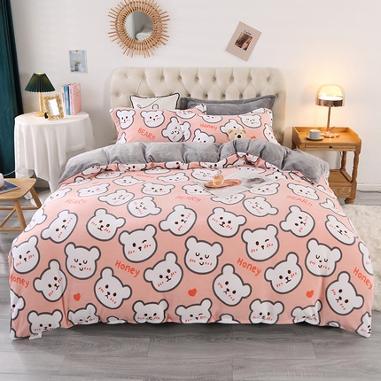 爱上家居 2023新款温暖亲肤加厚牛奶绒四件套 可爱熊-粉