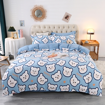爱上家居 2023新款温暖亲肤加厚牛奶绒四件套 可爱熊-蓝