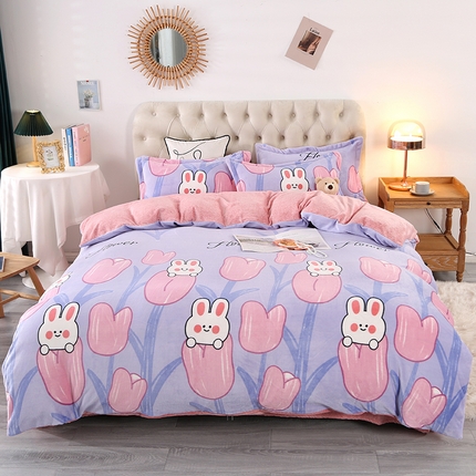 爱上家居 2023新款温暖亲肤加厚牛奶绒四件套 萌萌兔-蓝