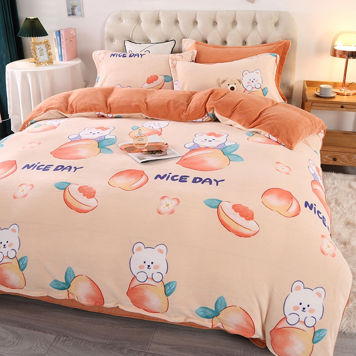 91家纺网 家纺一手货源 找家纺 爱上家居 2023新款温暖亲肤加厚牛奶绒四件套 蜜桃-橙