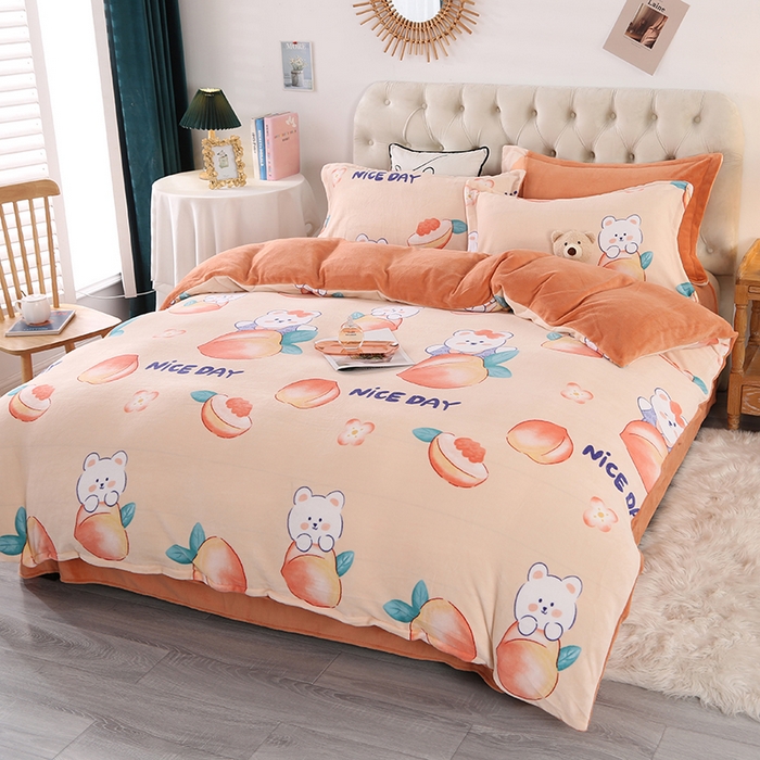 91家纺网 家纺一手货源 找家纺 爱上家居 2023新款温暖亲肤加厚牛奶绒四件套 蜜桃-橙