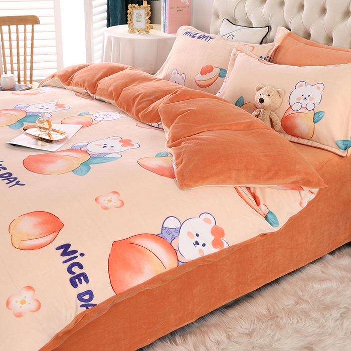 91家纺网 家纺一手货源 找家纺 爱上家居 2023新款温暖亲肤加厚牛奶绒四件套 蜜桃-橙