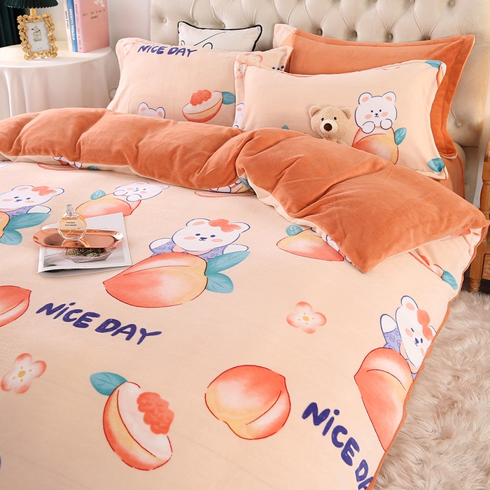 91家纺网 家纺一手货源 找家纺 爱上家居 2023新款温暖亲肤加厚牛奶绒四件套 蜜桃-橙