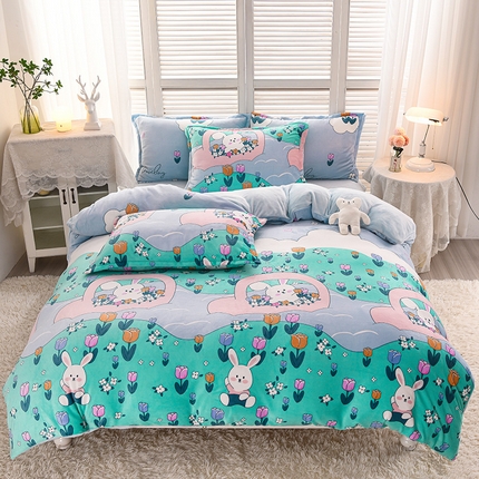 爱上家居 2023新款温暖亲肤加厚牛奶绒四件套 花香兔