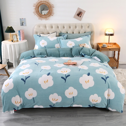 91家纺网 家纺一手货源 找家纺 爱上家居 2023新款温暖亲肤加厚牛奶绒四件套 花语-浅蓝