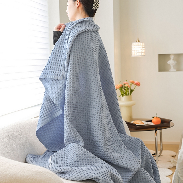 91家纺网 家纺一手货源 找家纺 雯雨家纺 2023新款华夫格纱布纯棉毛巾被 华夫格-浅蓝