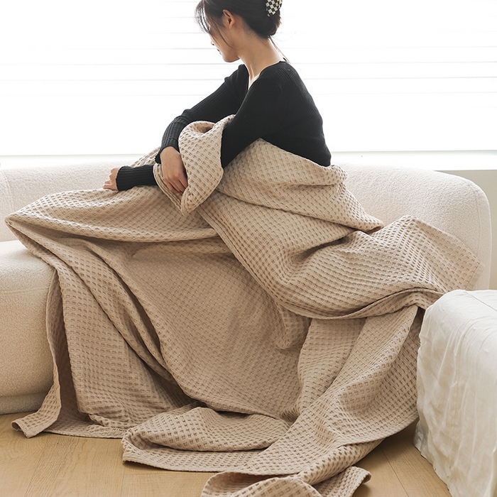 91家纺网 家纺一手货源 找家纺 雯雨家纺 2023新款华夫格纱布纯棉毛巾被 华夫格-卡其