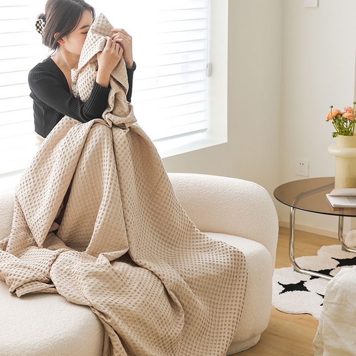 91家纺网 家纺一手货源 找家纺 雯雨家纺 2023新款华夫格纱布纯棉毛巾被 华夫格-卡其