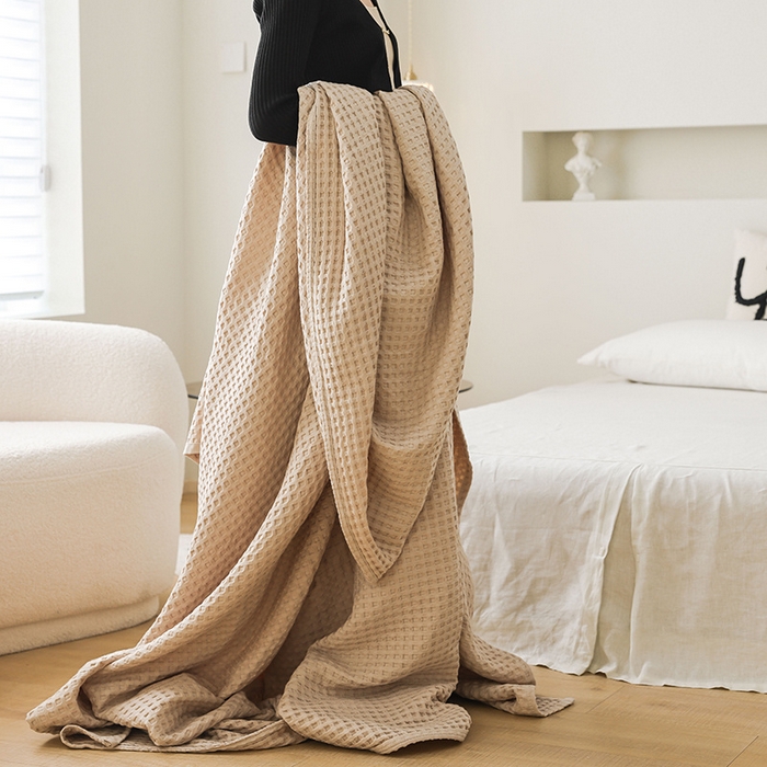91家纺网 家纺一手货源 找家纺 雯雨家纺 2023新款华夫格纱布纯棉毛巾被 华夫格-卡其