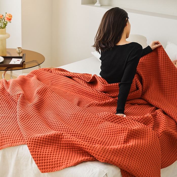 91家纺网 家纺一手货源 找家纺 雯雨家纺 2023新款华夫格纱布纯棉毛巾被 华夫格-橙