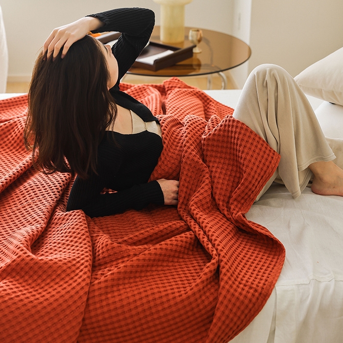 91家纺网 家纺一手货源 找家纺 雯雨家纺 2023新款华夫格纱布纯棉毛巾被 华夫格-橙