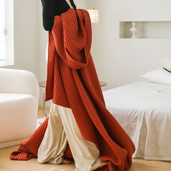 91家纺网 家纺一手货源 找家纺 雯雨家纺 2023新款华夫格纱布纯棉毛巾被 华夫格-橙