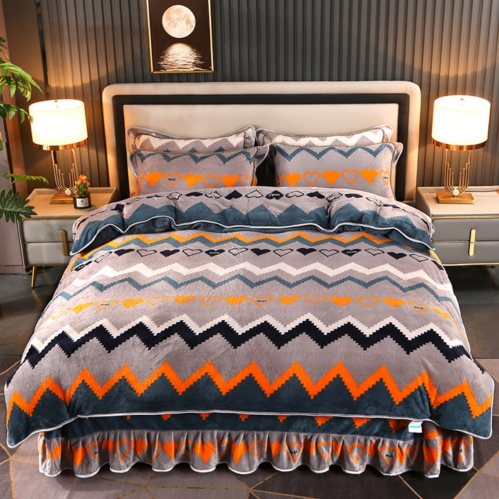 91家纺网 家纺一手货源 找家纺 爱上家居 2023新款保暖金貂绒印花保暖四件套 彩色条纹-灰