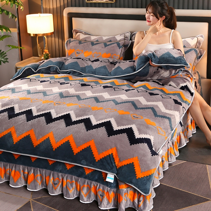 91家纺网 家纺一手货源 找家纺 爱上家居 2023新款保暖金貂绒印花保暖四件套 彩色条纹-灰