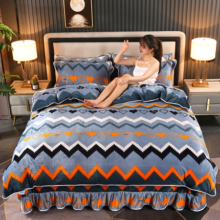 爱上家居 2023新款保暖金貂绒印花保暖四件套 彩色条纹-蓝