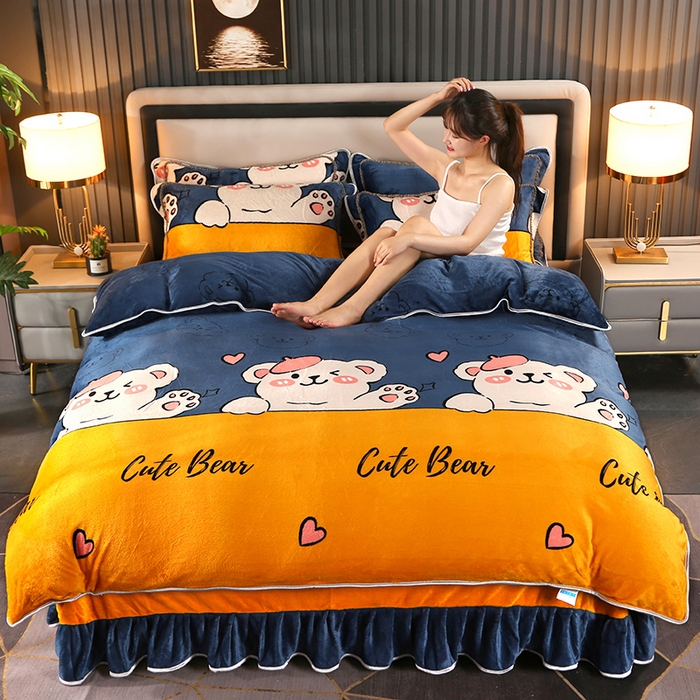 91家纺网 家纺一手货源 找家纺 爱上家居 2023新款保暖金貂绒印花保暖四件套 萌宠小熊