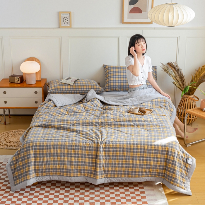 91家纺网 家纺一手货源 找家纺 鸣升新疆长绒棉全棉花色织水洗棉夏被四件套 芳华灰