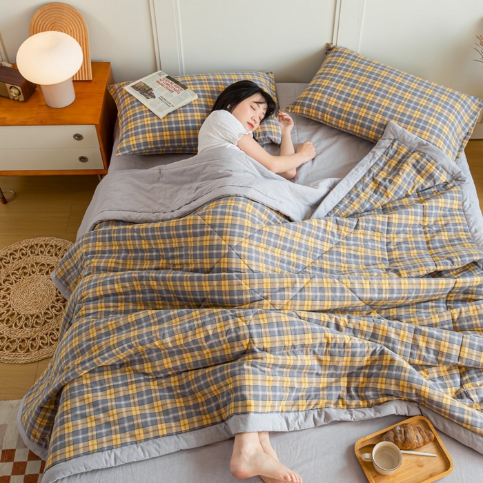 91家纺网 家纺一手货源 找家纺 鸣升新疆长绒棉全棉花色织水洗棉夏被四件套 芳华灰