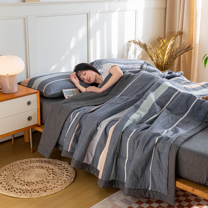 91家纺网 家纺一手货源 找家纺 鸣升新疆长绒棉全棉花色织水洗棉夏被四件套 卡森丈兰