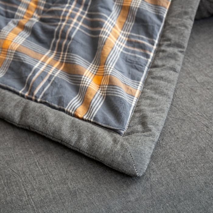 91家纺网 家纺一手货源 找家纺 鸣升新疆长绒棉全棉花色织水洗棉夏被四件套 灰格桔