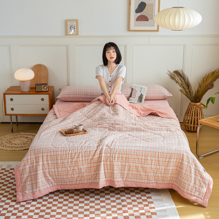 91家纺网 家纺一手货源 找家纺 鸣升新疆长绒棉全棉花色织水洗棉夏被四件套 凯利桔