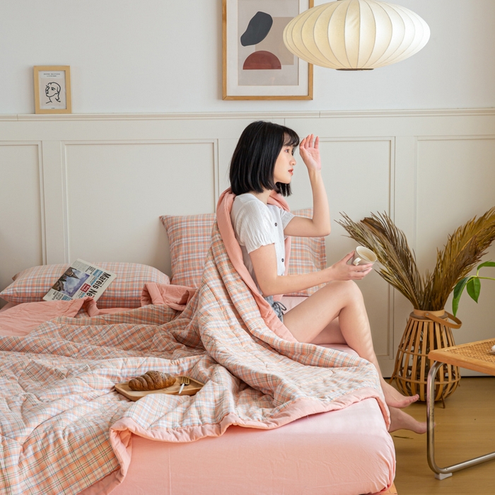 91家纺网 家纺一手货源 找家纺 鸣升新疆长绒棉全棉花色织水洗棉夏被四件套 凯利桔