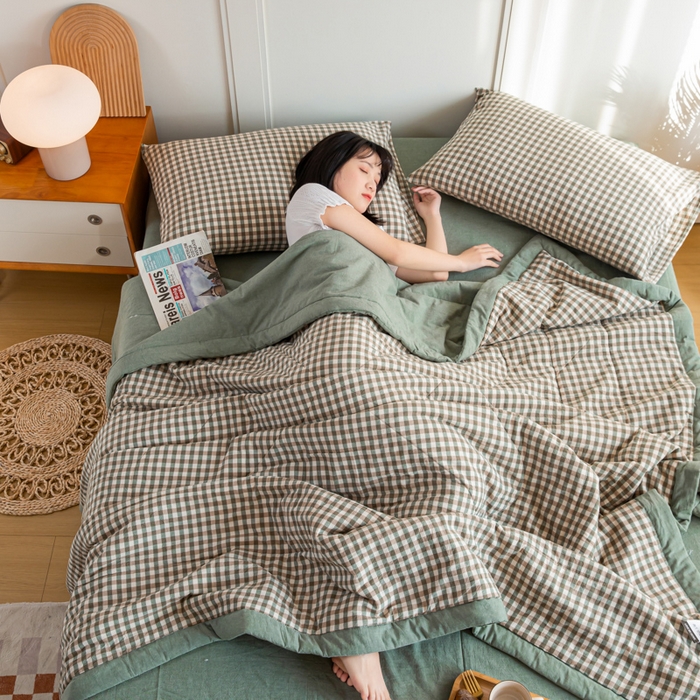 91家纺网 家纺一手货源 找家纺 鸣升新疆长绒棉全棉花色织水洗棉夏被四件套 绿小格