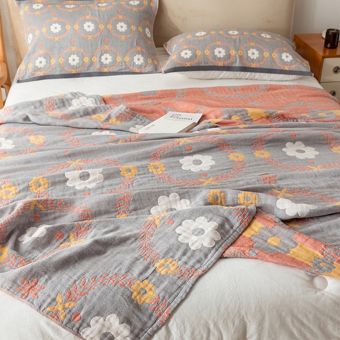 91家纺网 家纺一手货源 找家纺 朴尔  2023年新款四层韩版碎花风全棉纱布毛巾被 花环-灰