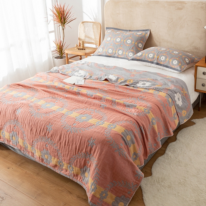 91家纺网 家纺一手货源 找家纺 朴尔  2023年新款四层韩版碎花风全棉纱布毛巾被 花环-灰